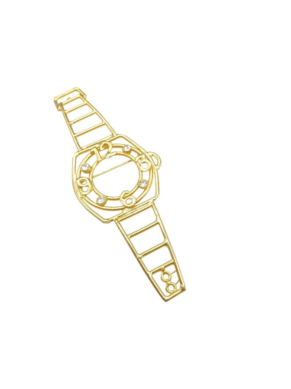 Bold 80s Statement Gold-Tone Watch-Shaped Brooch with Rhinestone Accents Vintage